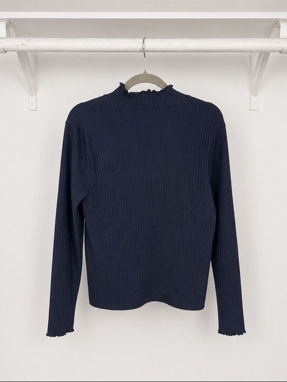 J Crew Ribbed Mock Neck Top Navy Blue Long Sleeve Stretch Fitted Size Women’s L